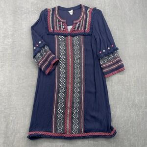 Anthropologie Akemi + Kin Small Navy‎ Blue Embroidered Boho Fringe Shift Dress
